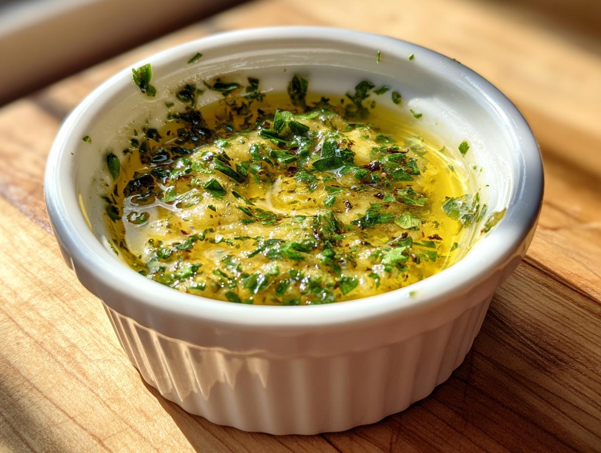 Close-up of melted cowboy butter dipping sauce, rich yellow with floating green herbs, in a white ramekin.