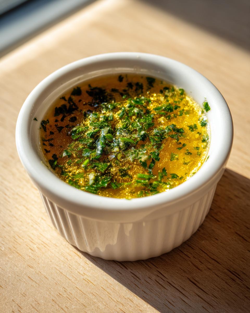 Close-up of melted, golden cowboy butter dipping sauce topped with chopped green herbs in a white ramekin.