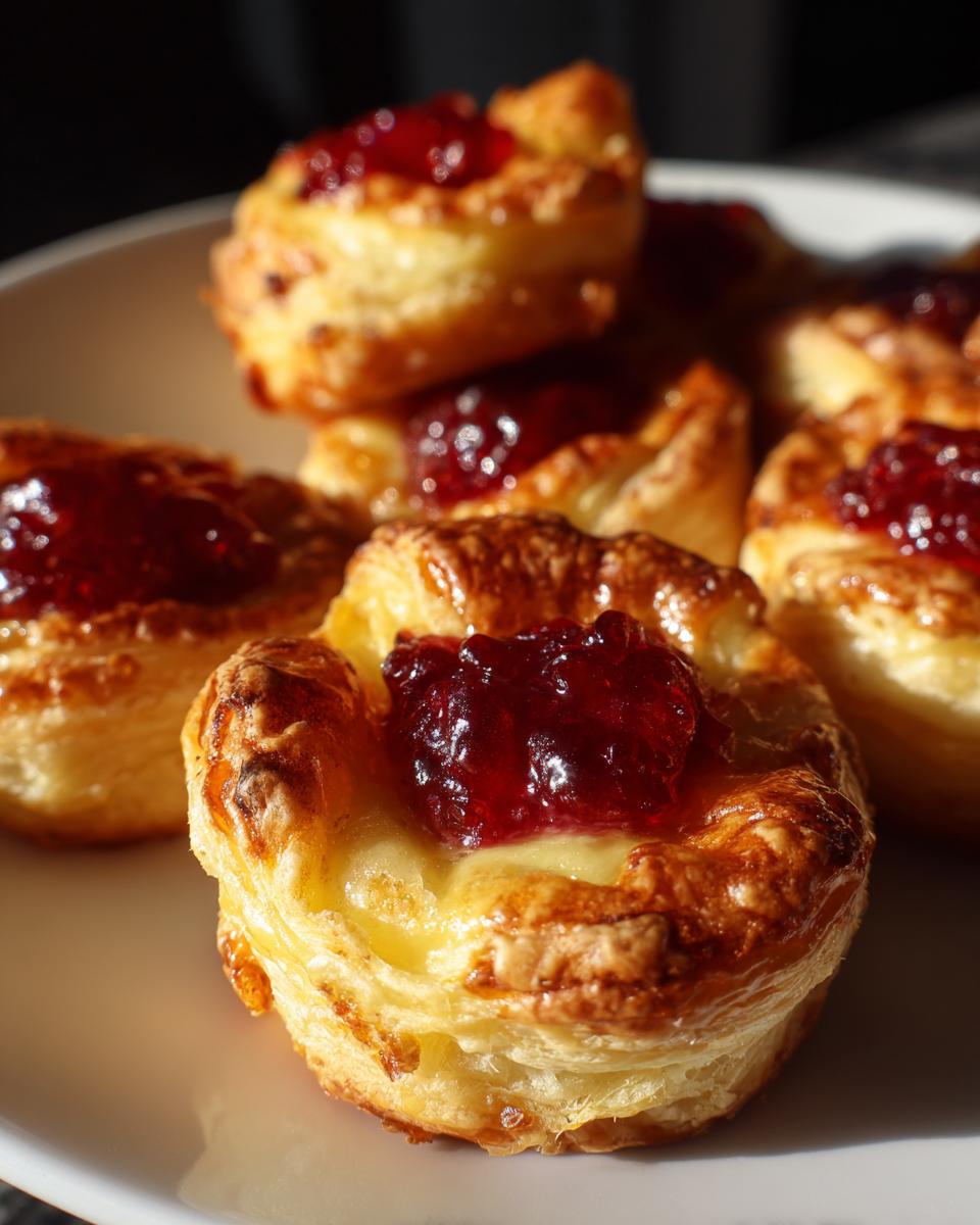 Close-up of golden baked cranberry brie bites featuring flaky pastry, melted brie, and a dollop of red cranberry topping.