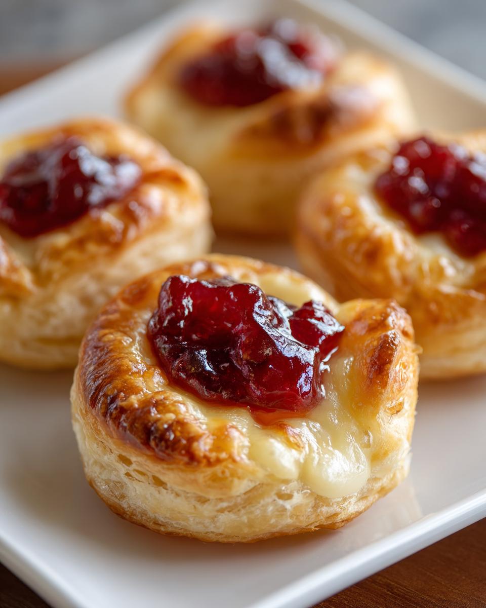 Close-up of freshly baked cranberry brie bites featuring flaky pastry, melted brie cheese, and a dollop of bright red cranberry topping.