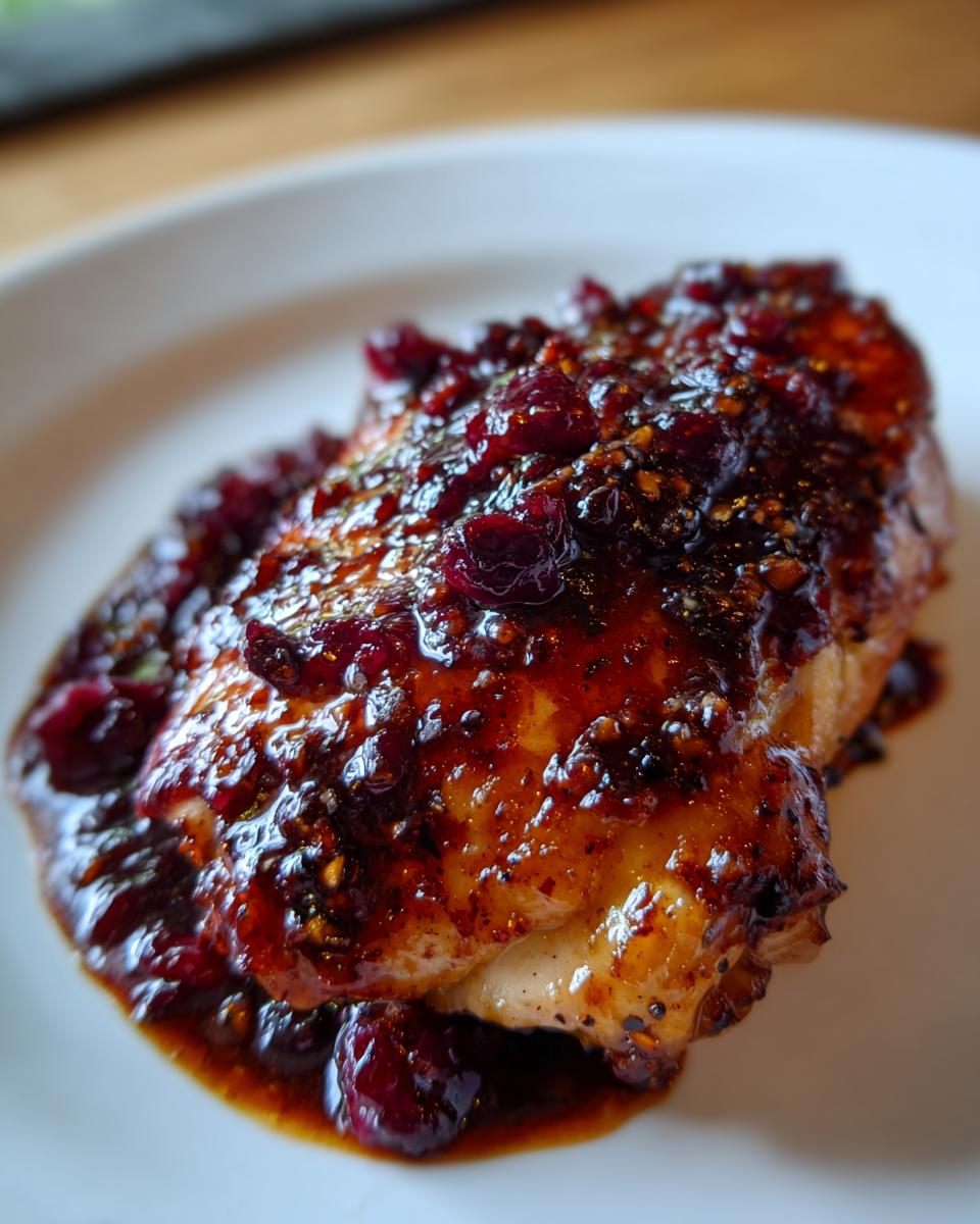 A close-up shot of a juicy chicken breast covered in a thick, glossy sauce with whole cranberries, highlighting the cranberry chicken recipe.