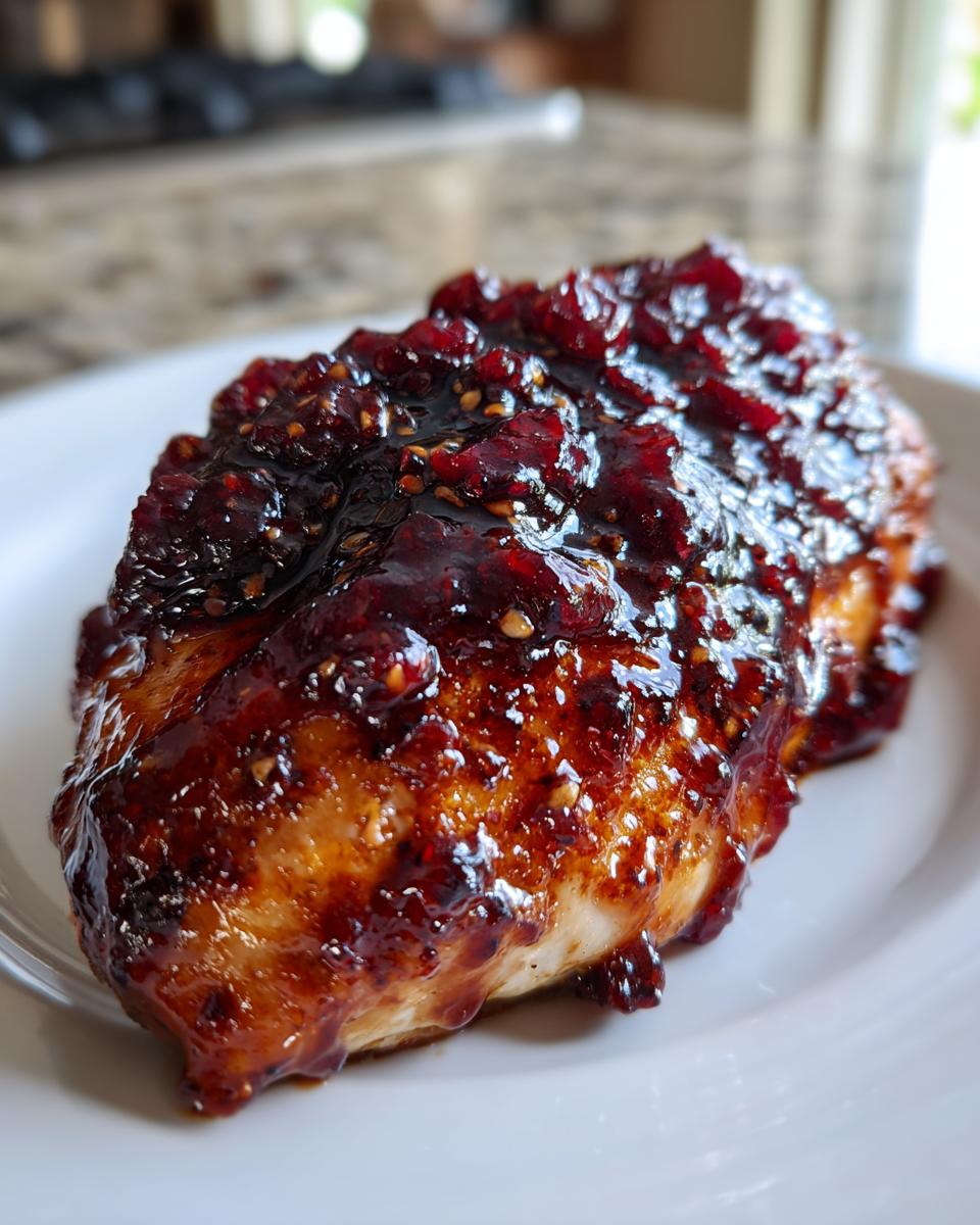A close-up of a baked or roasted cranberry chicken breast covered in a thick, glossy, dark red cranberry glaze.