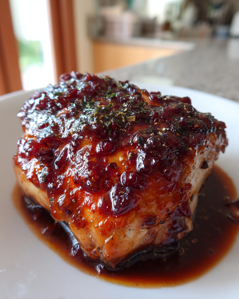 Close-up of a perfectly cooked piece of cranberry chicken coated in a thick, glossy, dark red cranberry glaze.