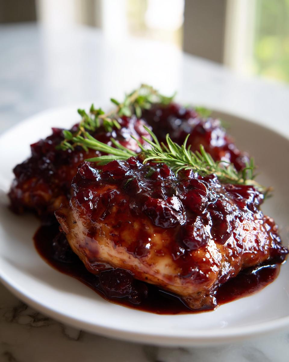 Two pieces of glazed cranberry chicken topped with a rich, dark cranberry sauce and fresh rosemary sprigs.