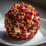 A perfectly formed cranberry pecan cheese ball coated in dried cranberries and chopped pecans, resting on a white plate.