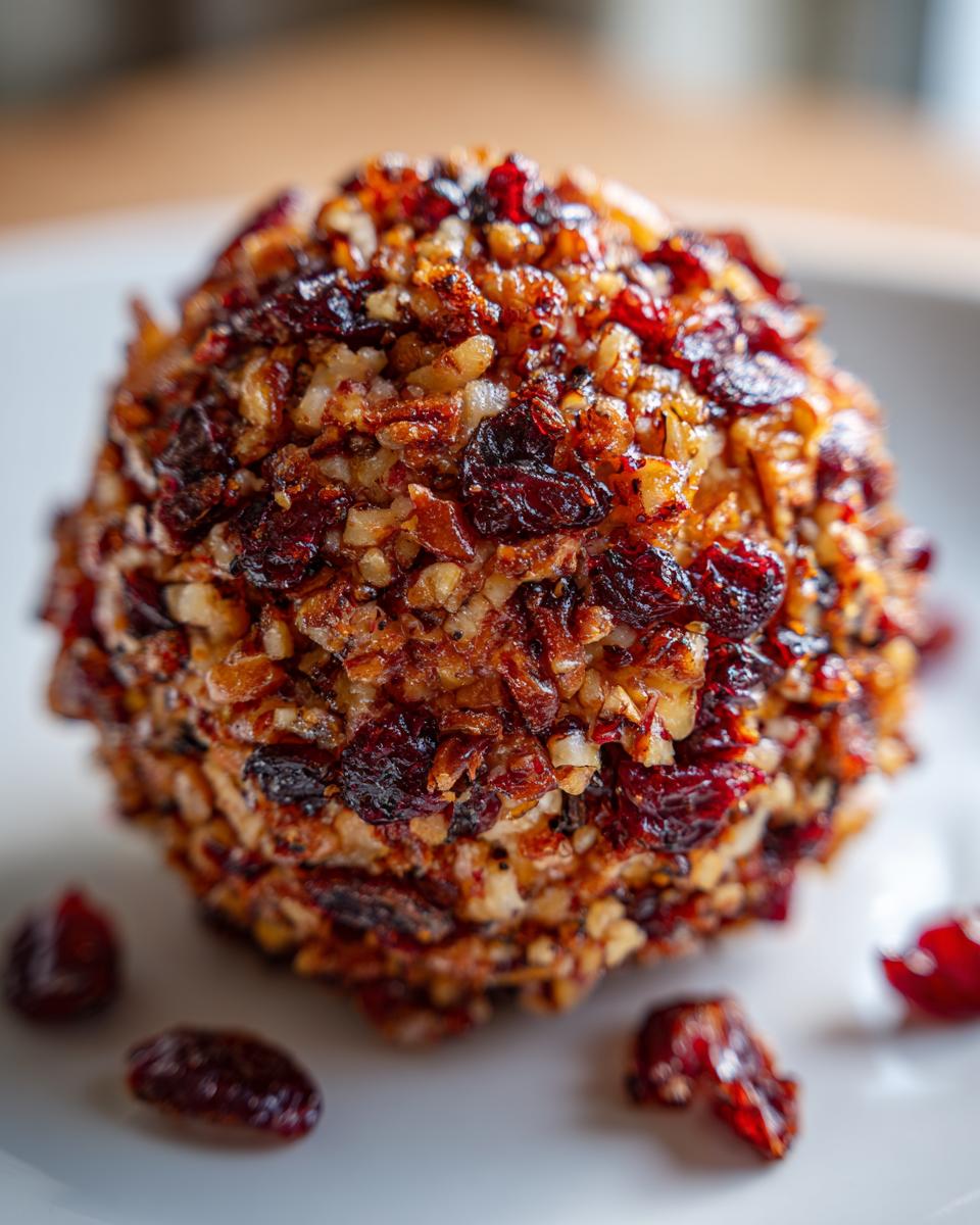 A close-up of a perfectly formed cranberry pecan cheese ball coated in chopped pecans and dried cranberries.