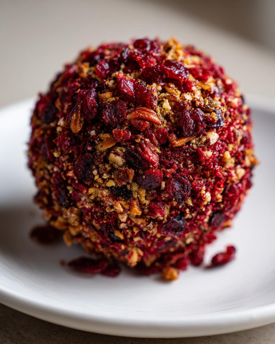 A vibrant, round cranberry pecan cheese ball coated heavily in dried cranberries and chopped pecans, resting on a white plate.