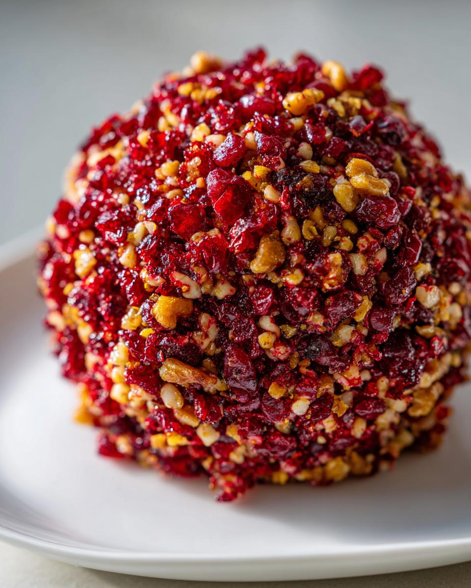 A close-up of a perfectly formed cranberry pecan cheese ball covered entirely in chopped dried cranberries and pecans.