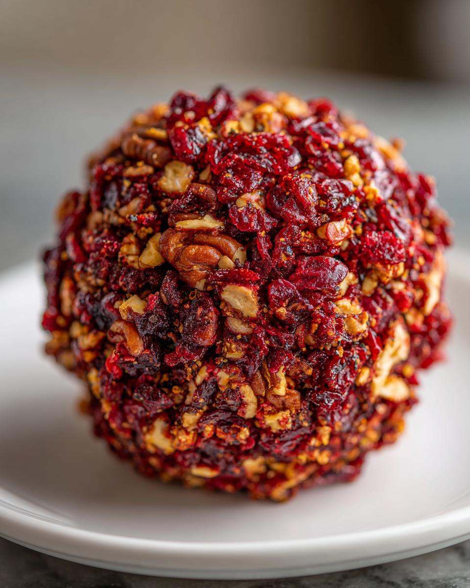A close-up view of a perfectly formed cranberry pecan cheese ball coated heavily in dried cranberries and chopped pecans.