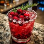 A vibrant cranberry pomegranate margarita in a rocks glass with a salted rim, topped with fresh cranberries and rosemary.