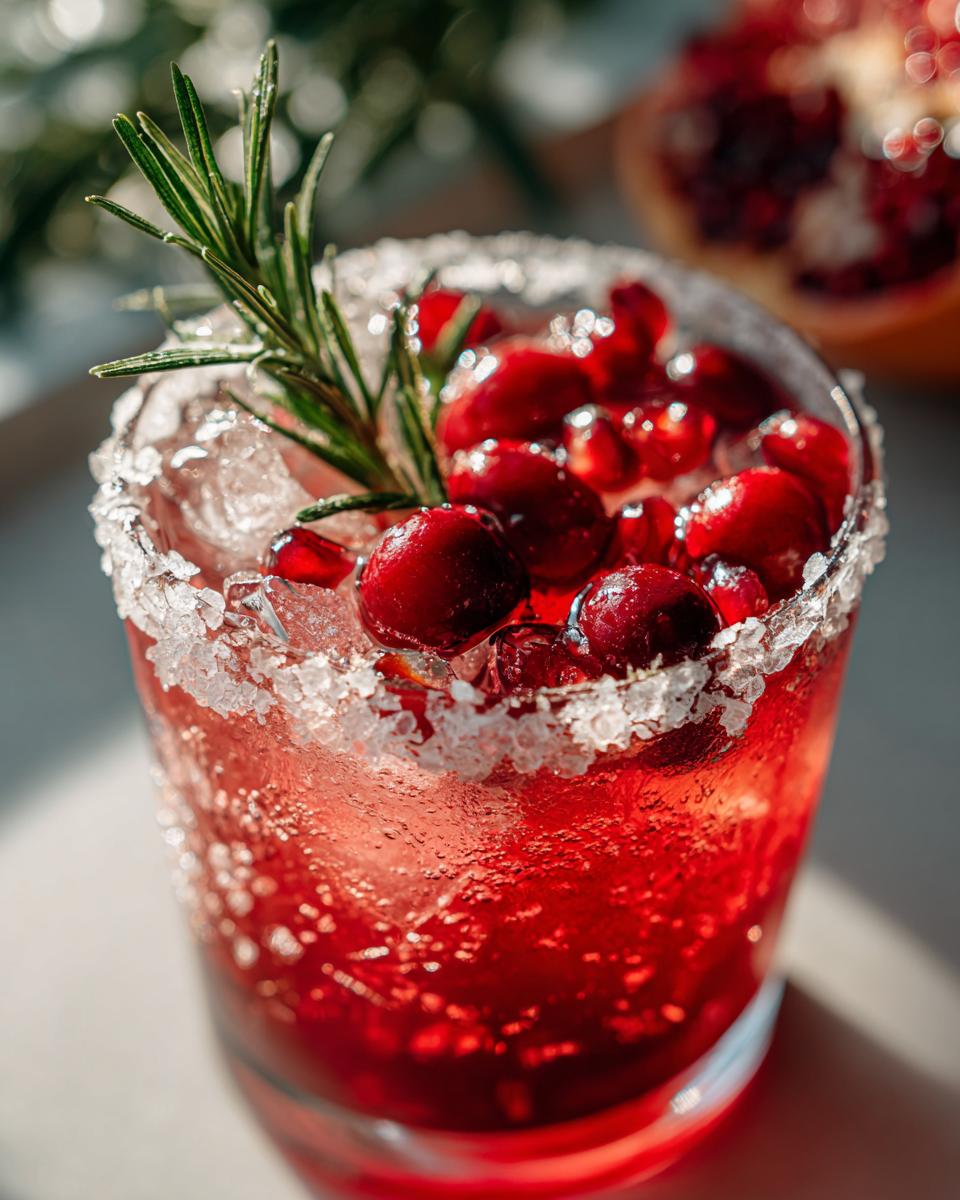 Close-up of a bright red cranberry pomegranate margarita with a sugared rim, ice, and fresh pomegranate seeds and rosemary garnish.