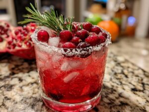 A vibrant cranberry pomegranate margarita in a sugar-rimmed glass, garnished with fresh cranberries and rosemary.