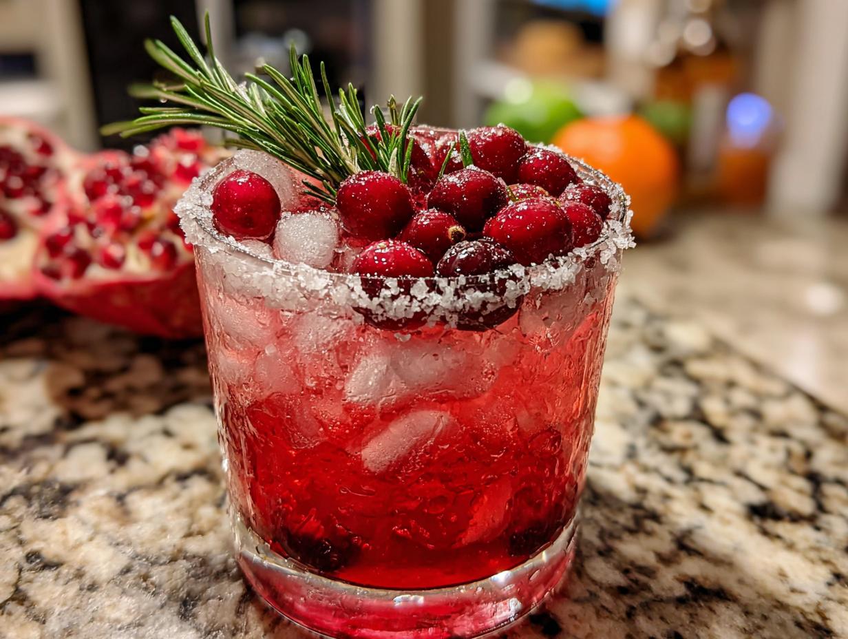 A vibrant cranberry pomegranate margarita in a sugar-rimmed glass, garnished with fresh cranberries and rosemary.