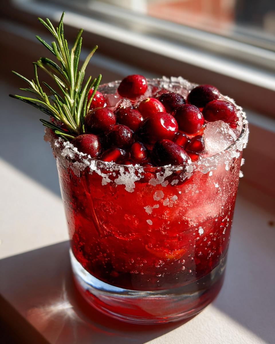 A bright red cranberry pomegranate margarita garnished with fresh cranberries, ice, and a rosemary sprig.