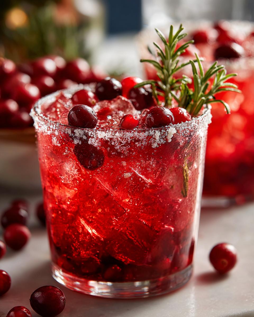 Close-up of a bright red cranberry pomegranate margarita in a sugar-rimmed glass, garnished with fresh cranberries and rosemary.