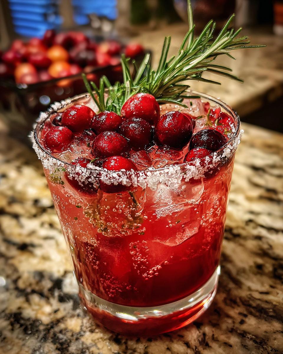 Close-up of a vibrant cranberry pomegranate margarita garnished with fresh cranberries and rosemary.