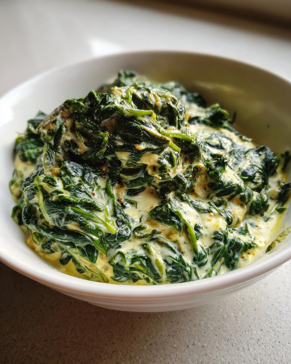 Close-up of a white bowl filled with rich, homemade creamed spinach recipe.