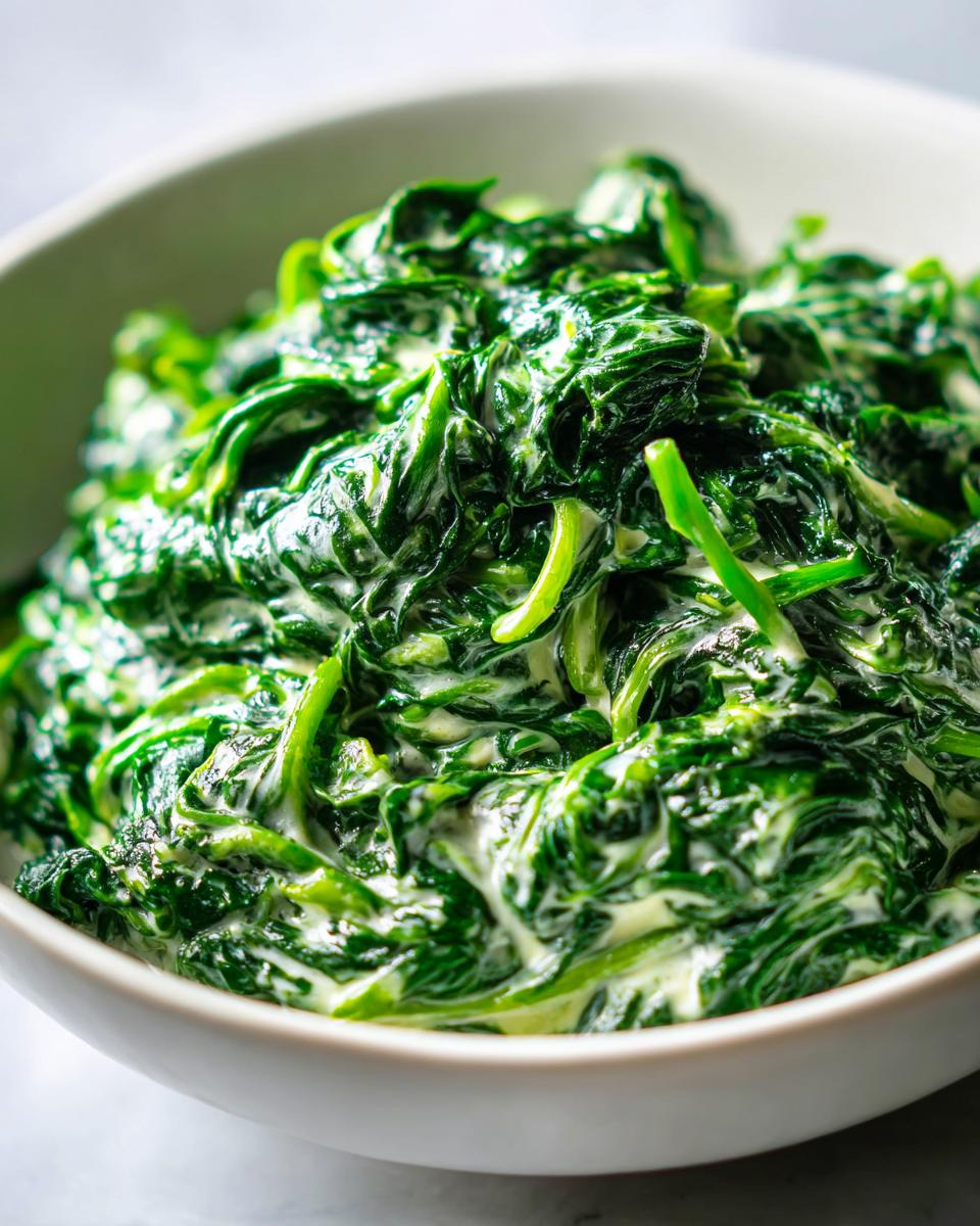 A close-up of vibrant green spinach coated in a rich, white sauce, showcasing the finished creamed spinach recipe.