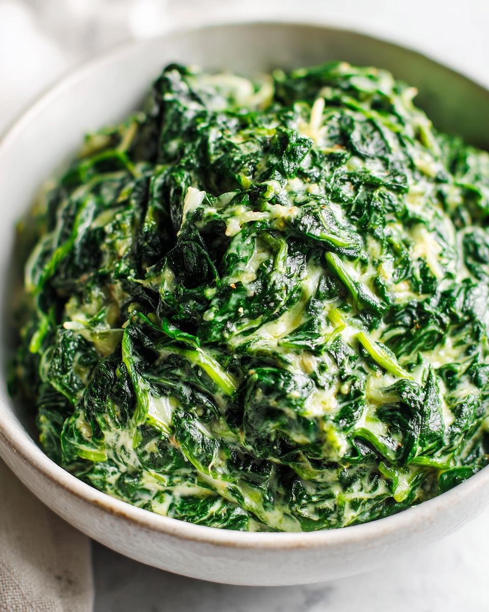 A close-up shot of rich, vibrant green creamed spinach recipe mixed with a creamy white sauce in a light-colored bowl.