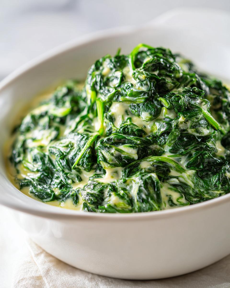 A close-up shot of rich, vibrant green spinach coated in a creamy white sauce, ready to serve in a white bowl.