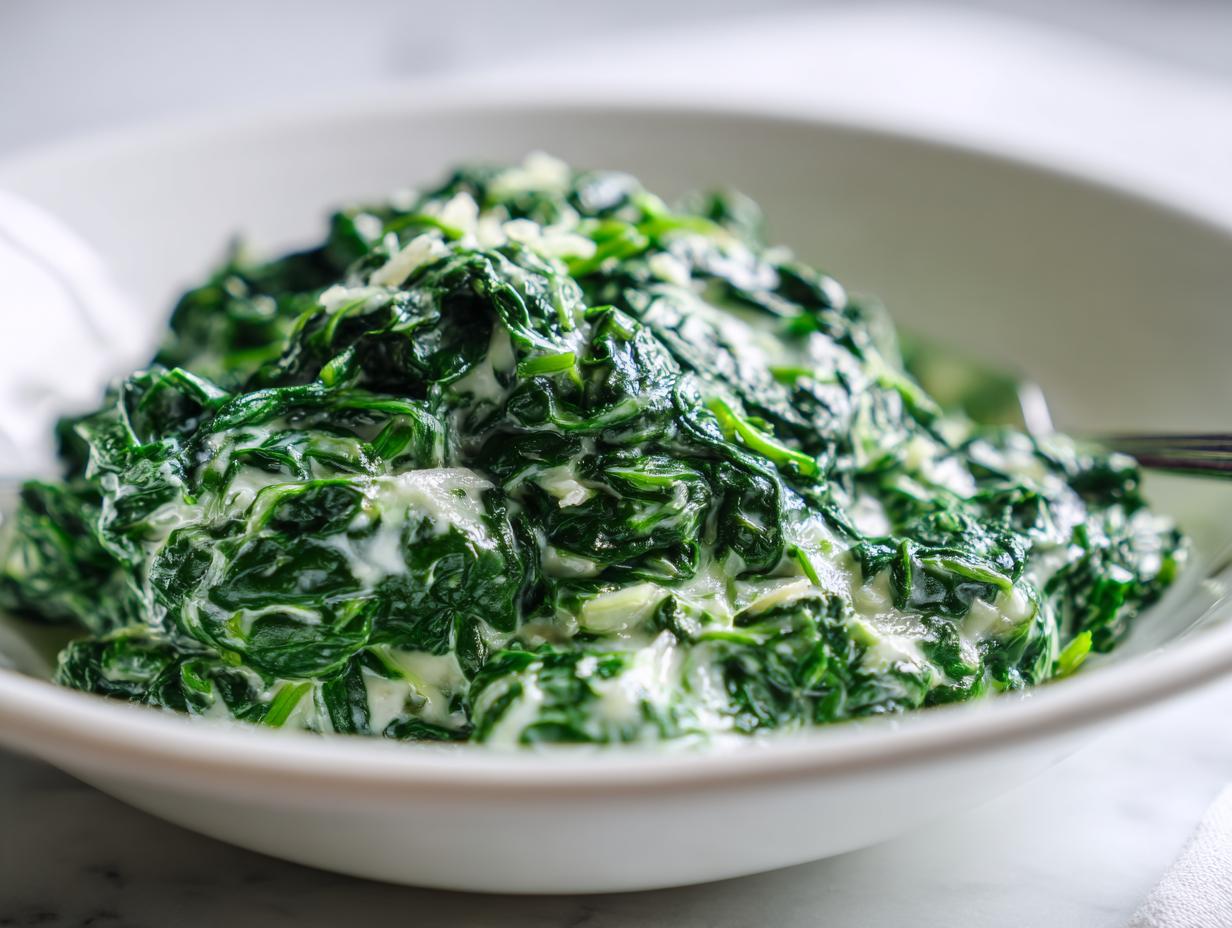A close-up, bright photo of rich, vibrant green creamed spinach recipe served in a white bowl.