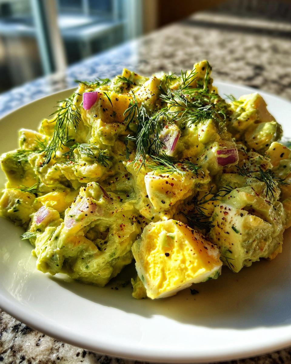 Close-up of chunky avocado egg salad mixed with red onion and topped with fresh dill and pepper.