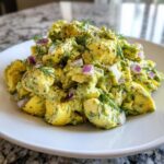 A mound of creamy avocado egg salad mixed with chopped red onion and topped with fresh dill.
