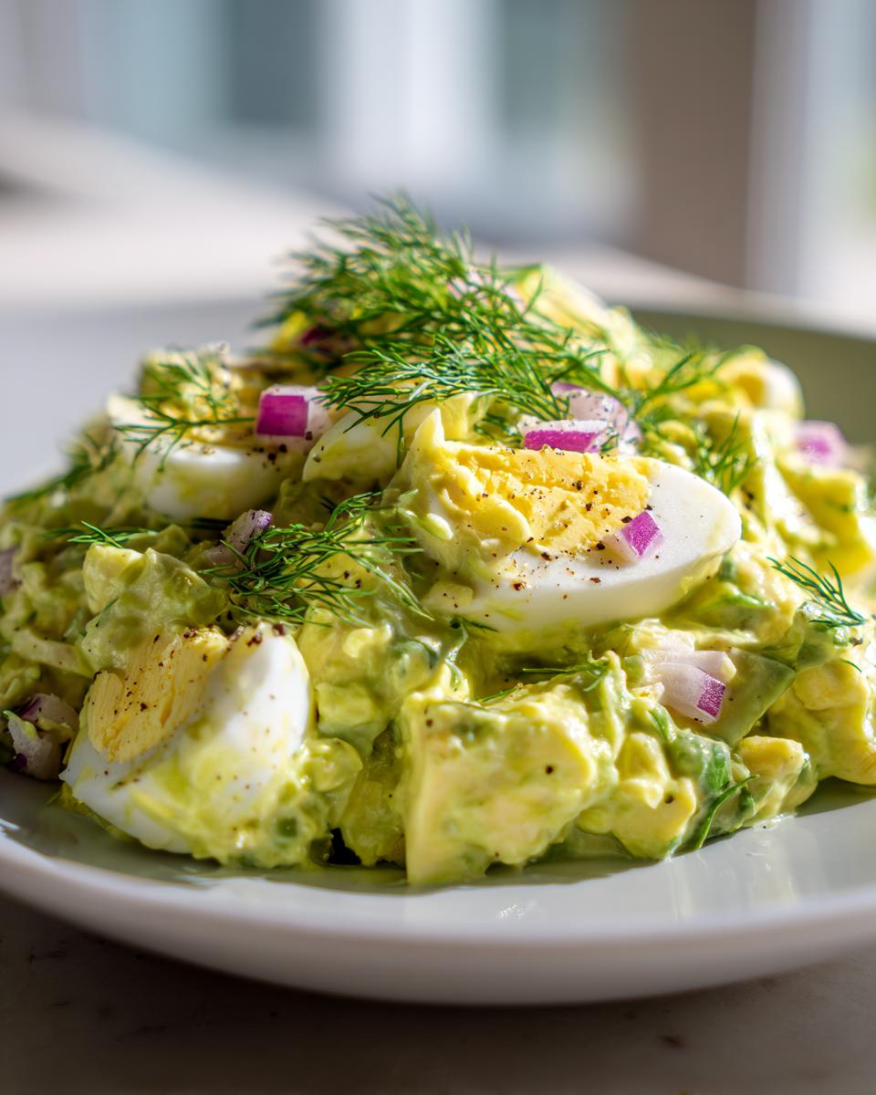 Close-up of creamy avocado egg salad topped with sliced hard-boiled eggs, red onion, and fresh dill.