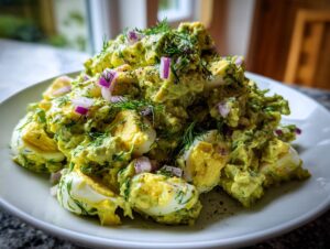 A generous mound of creamy avocado egg salad, featuring visible chunks of hard-boiled egg, topped with red onion and fresh dill.