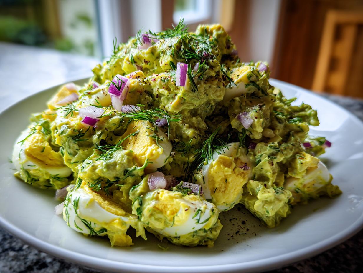 A generous mound of creamy avocado egg salad, featuring visible chunks of hard-boiled egg, topped with red onion and fresh dill.