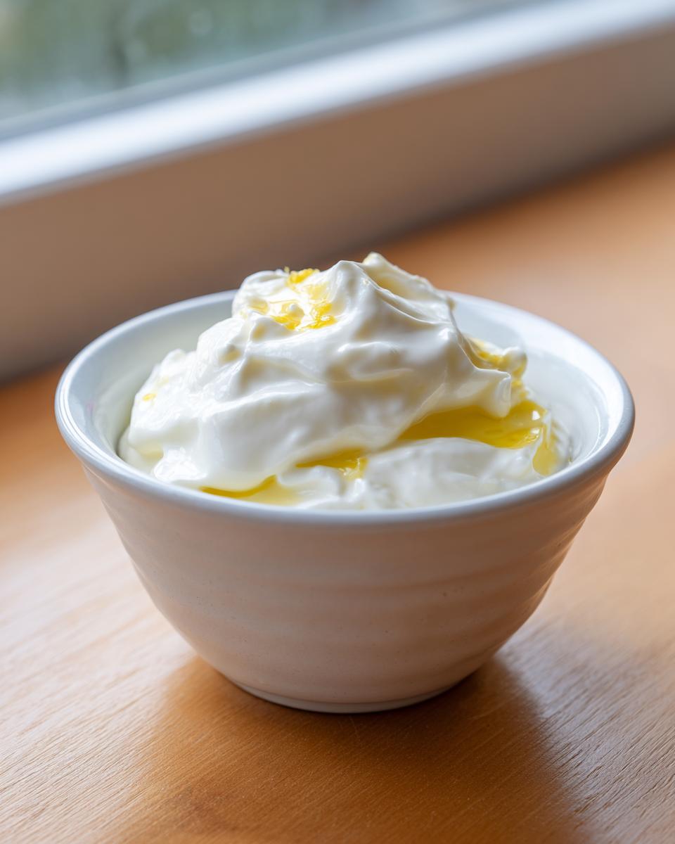 A white bowl filled with a creamy white base, likely yogurt or mayonnaise, drizzled with oil, ready for making garlic aioli.