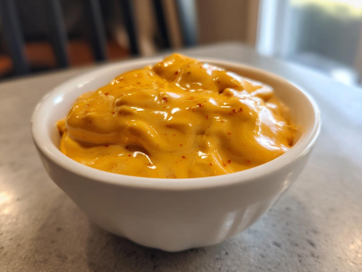 Close-up of a small white bowl filled with thick, vibrant orange beer cheese dip, speckled with red spices.