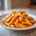 A close-up of penne pasta coated in a rich, orange butternut squash pasta sauce, sprinkled with black pepper.