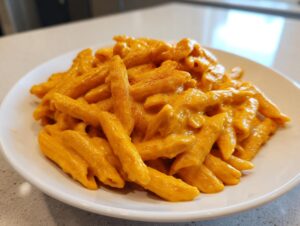 A close-up of penne pasta coated in a thick, creamy orange butternut squash pasta sauce, lightly dusted with spice.
