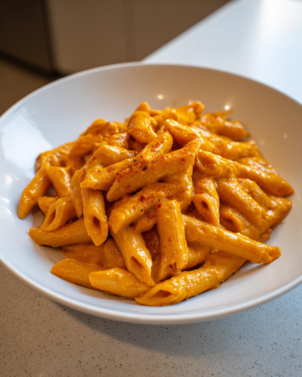 Close-up of penne pasta coated in a rich, orange butternut squash pasta sauce, sprinkled with paprika.