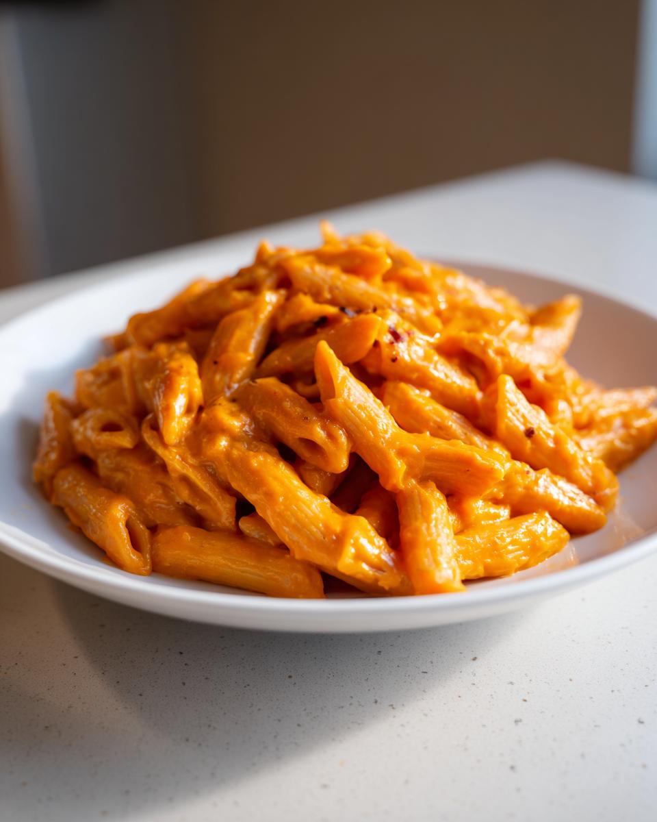 A close-up of penne pasta coated in a rich, orange butternut squash pasta sauce, served in a white bowl.