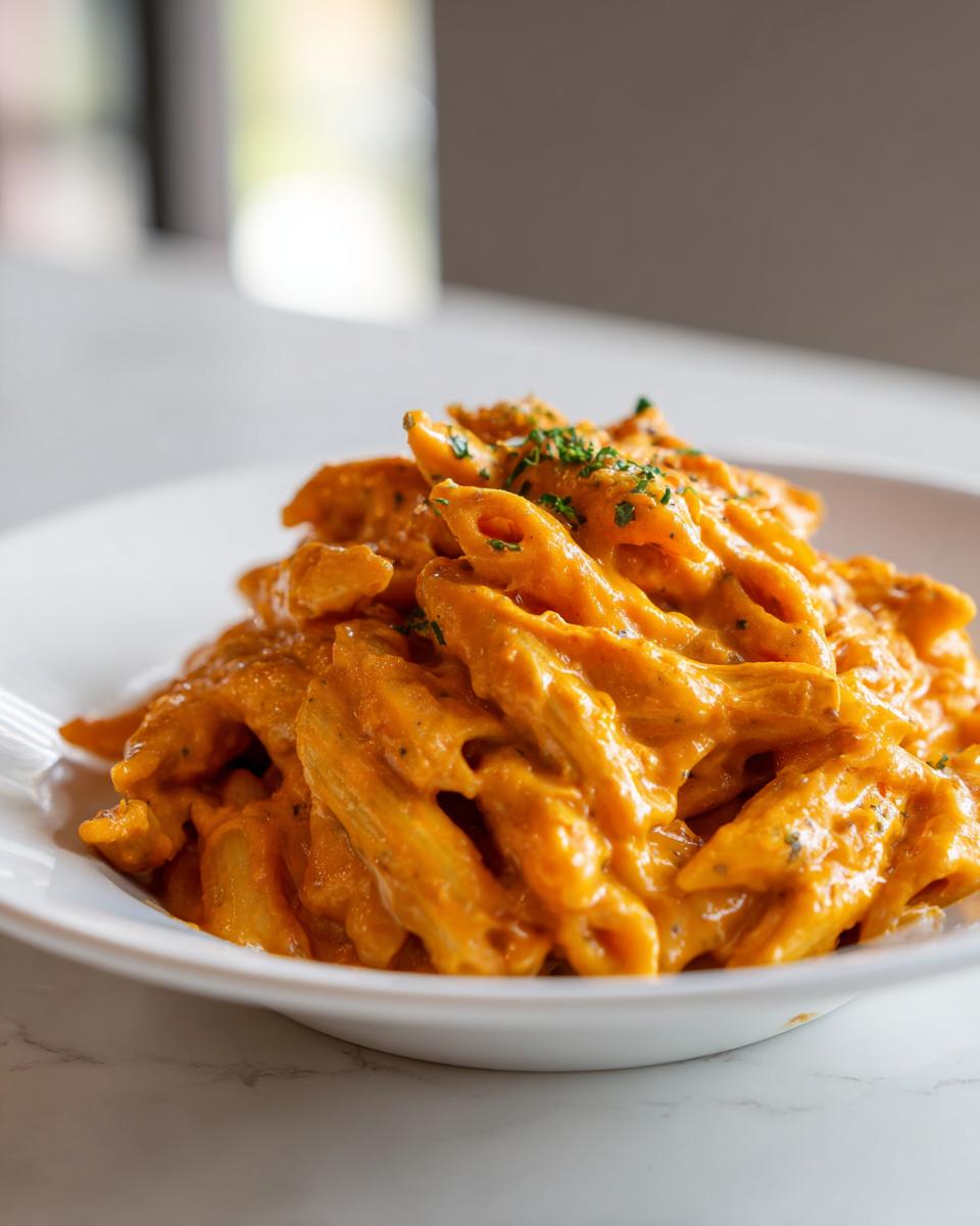 Close-up of penne pasta coated in a rich, orange butternut squash pasta sauce, garnished with parsley.
