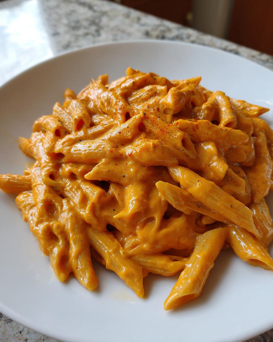 A close-up of penne pasta coated in a rich, creamy orange butternut squash pasta sauce.