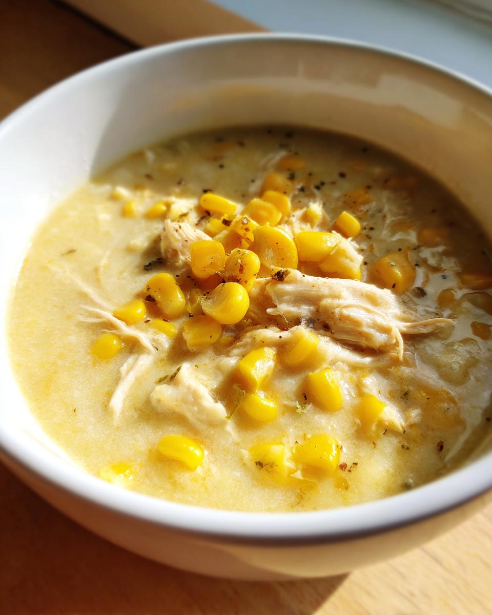 Close-up of a creamy bowl of chicken corn chowder topped with shredded chicken and bright yellow corn kernels.