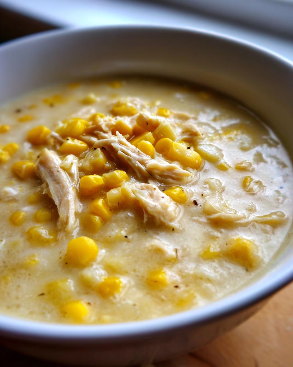 Close-up of creamy chicken corn chowder topped with shredded chicken and bright yellow corn kernels.