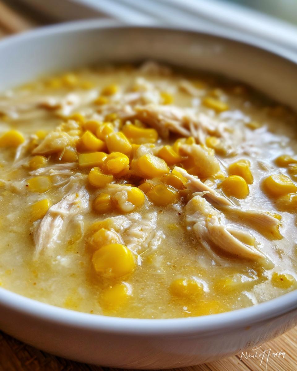 Close-up of a hearty bowl of creamy chicken corn chowder, featuring shredded chicken and bright yellow corn kernels.