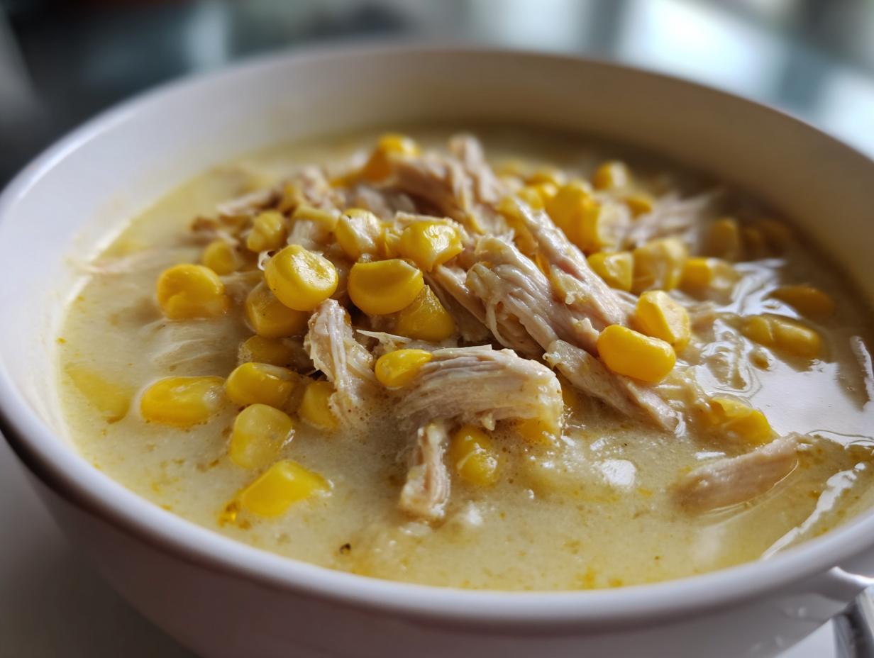 Close-up of creamy chicken corn chowder topped with shredded chicken and bright yellow corn kernels.