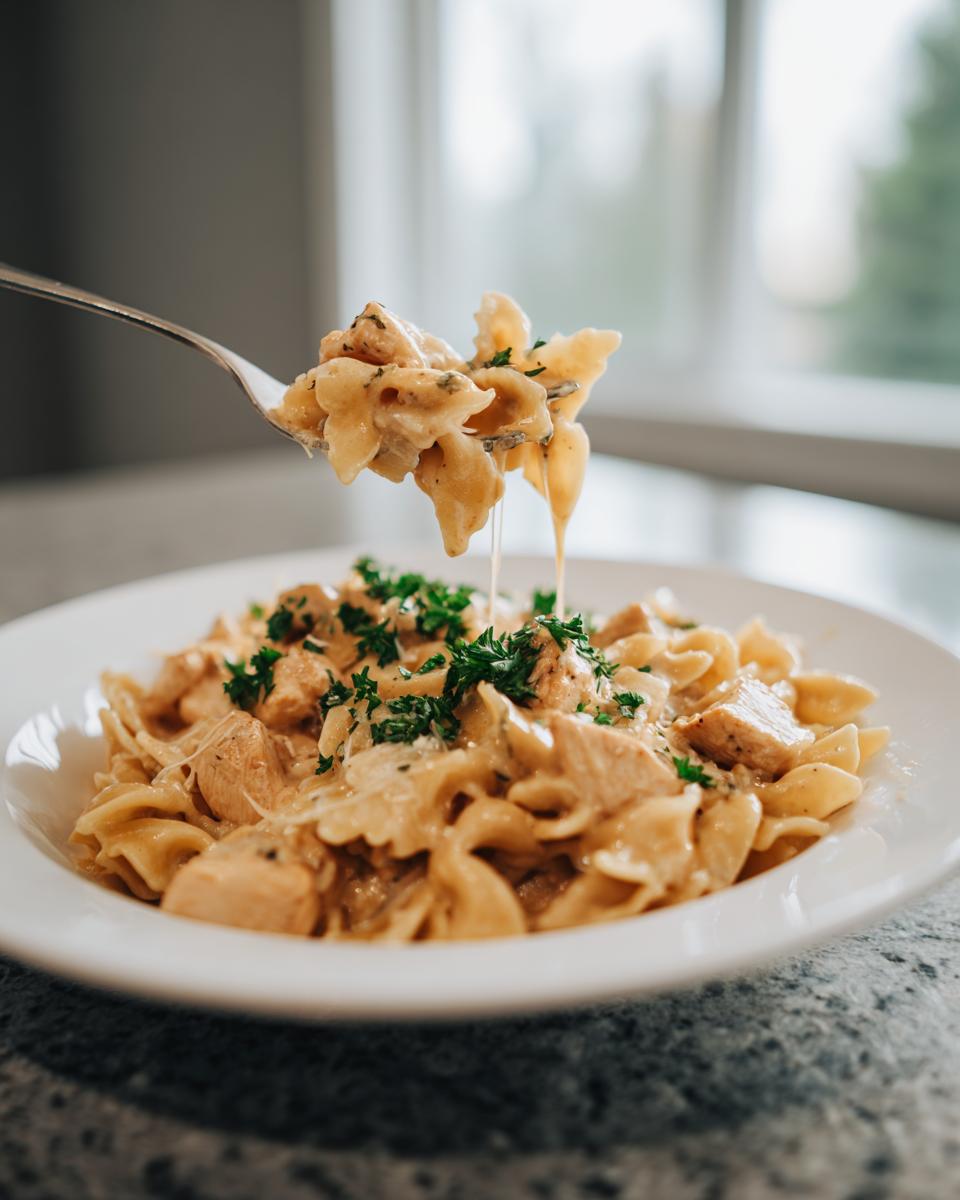 A fork lifting a bite of creamy chicken pasta, showing cheese strings, over a bowl of the amazing 1 pot chicken pasta.