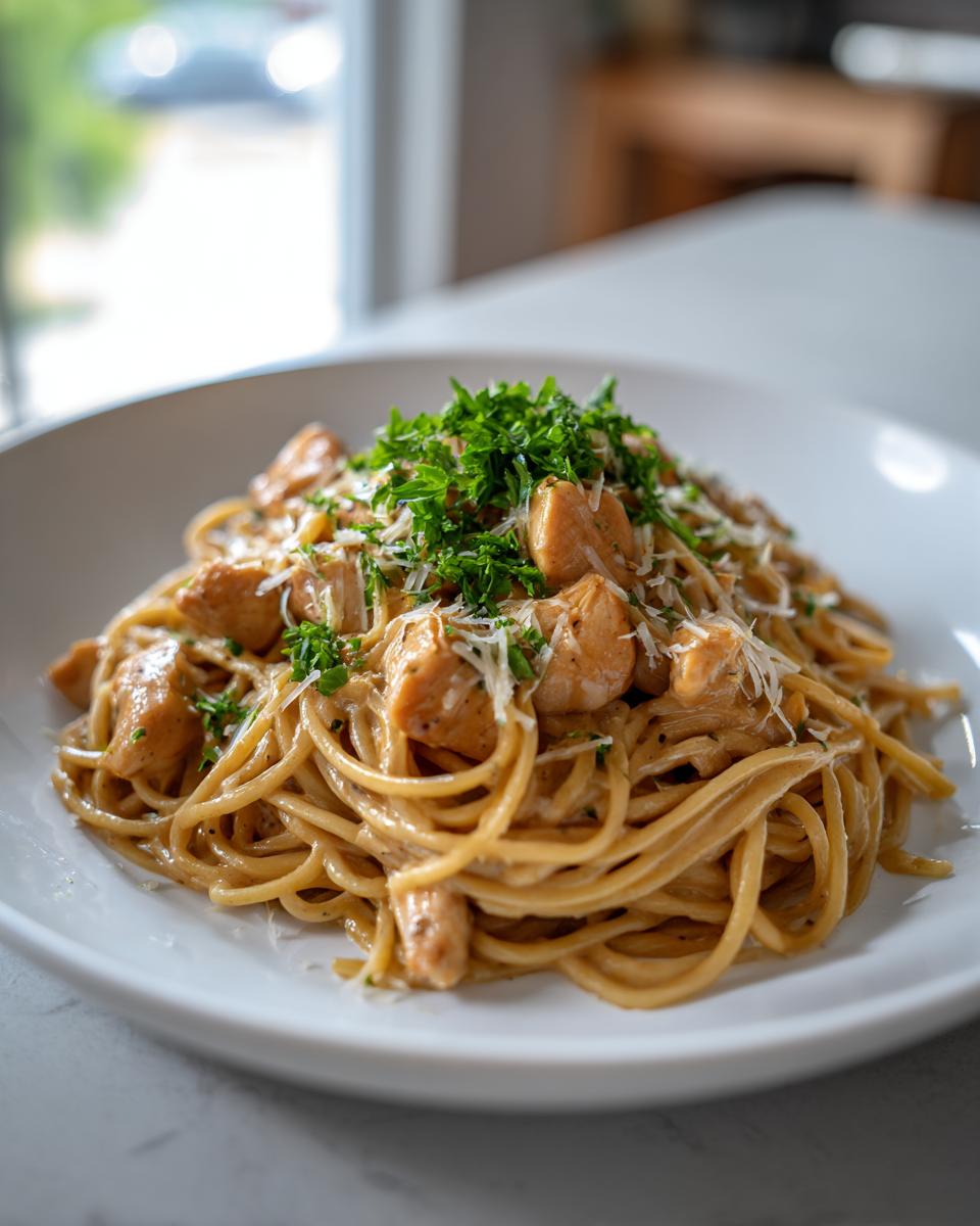 A white bowl filled with creamy chicken pasta, topped with diced chicken, grated cheese, and fresh parsley.
