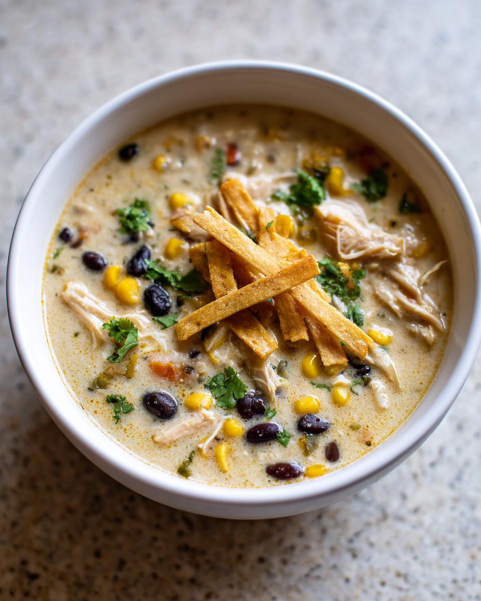 A close-up of a bowl of creamy chicken tortilla soup, topped with tortilla strips, black beans, corn, and cilantro.