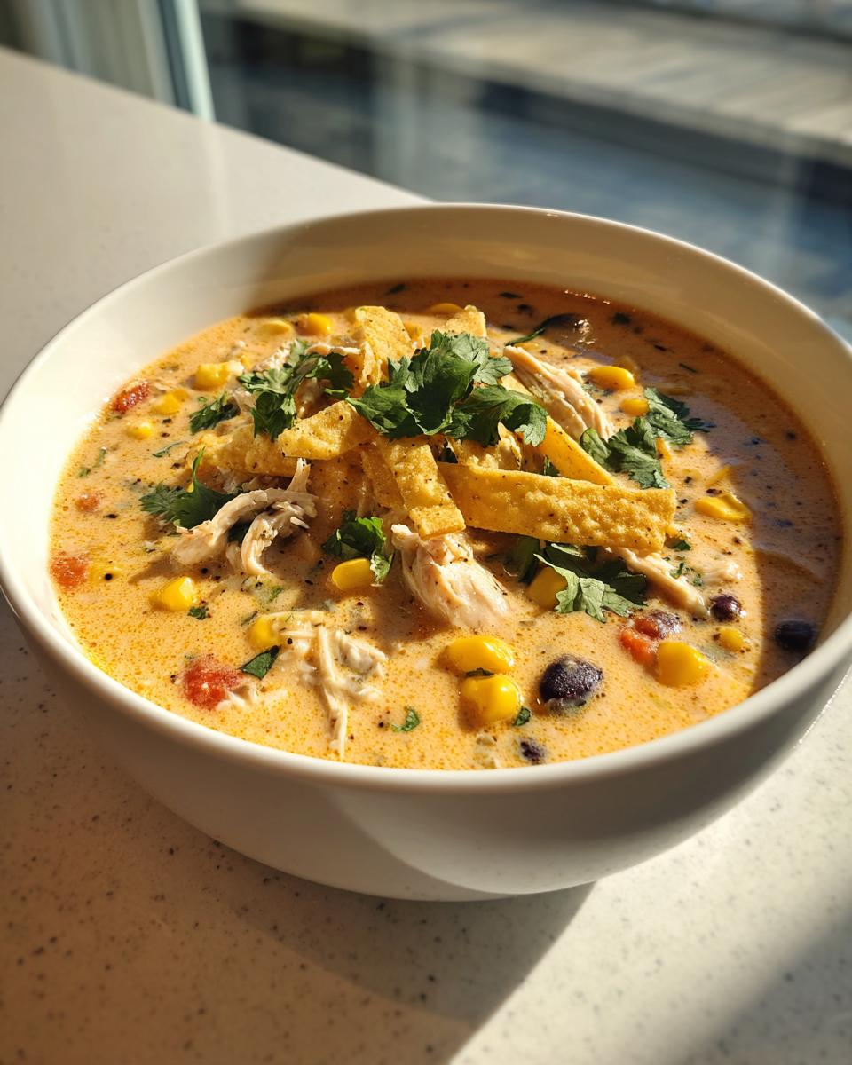 A close-up of a white bowl filled with creamy chicken tortilla soup, topped with shredded chicken, corn, black beans, and tortilla strips.