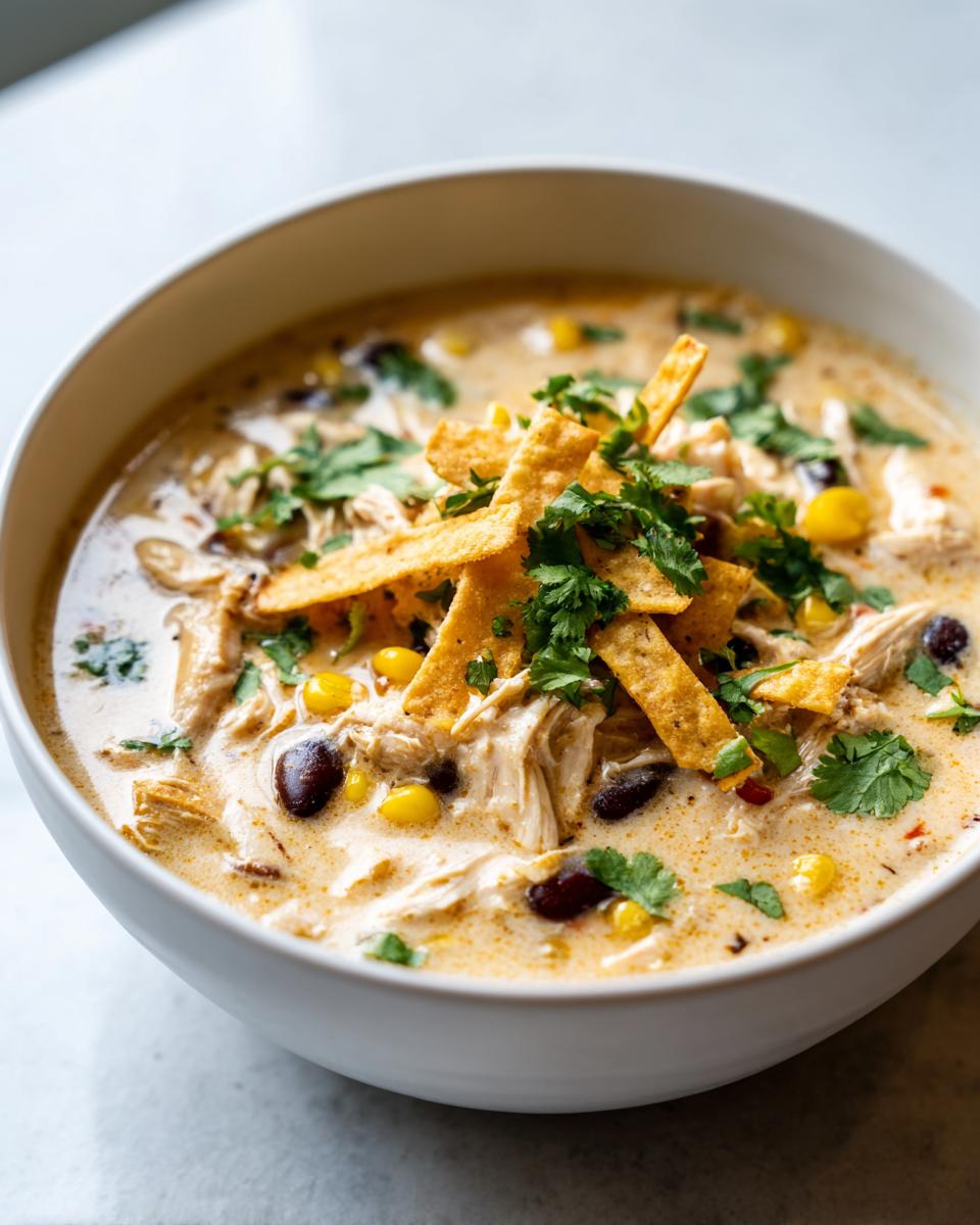 Close-up of a white bowl filled with creamy chicken tortilla soup, topped with tortilla strips, corn, black beans, and cilantro.