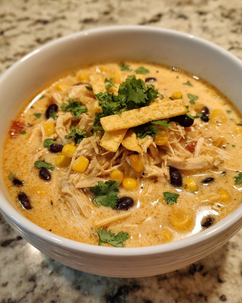 A close-up of a white bowl filled with creamy chicken tortilla soup, topped with shredded chicken, corn, black beans, cilantro, and tortilla strips.