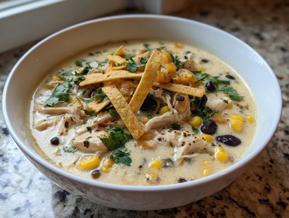 A close-up of a white bowl filled with creamy chicken tortilla soup, topped with shredded chicken, corn, black beans, cilantro, and tortilla strips.