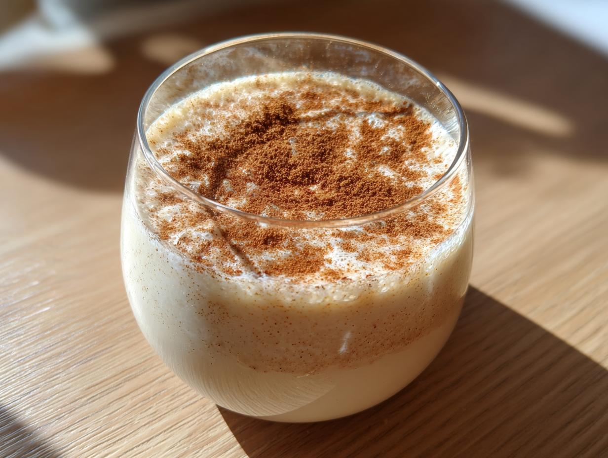 Close-up of a glass filled with creamy, light-colored coquito, heavily dusted with ground cinnamon.